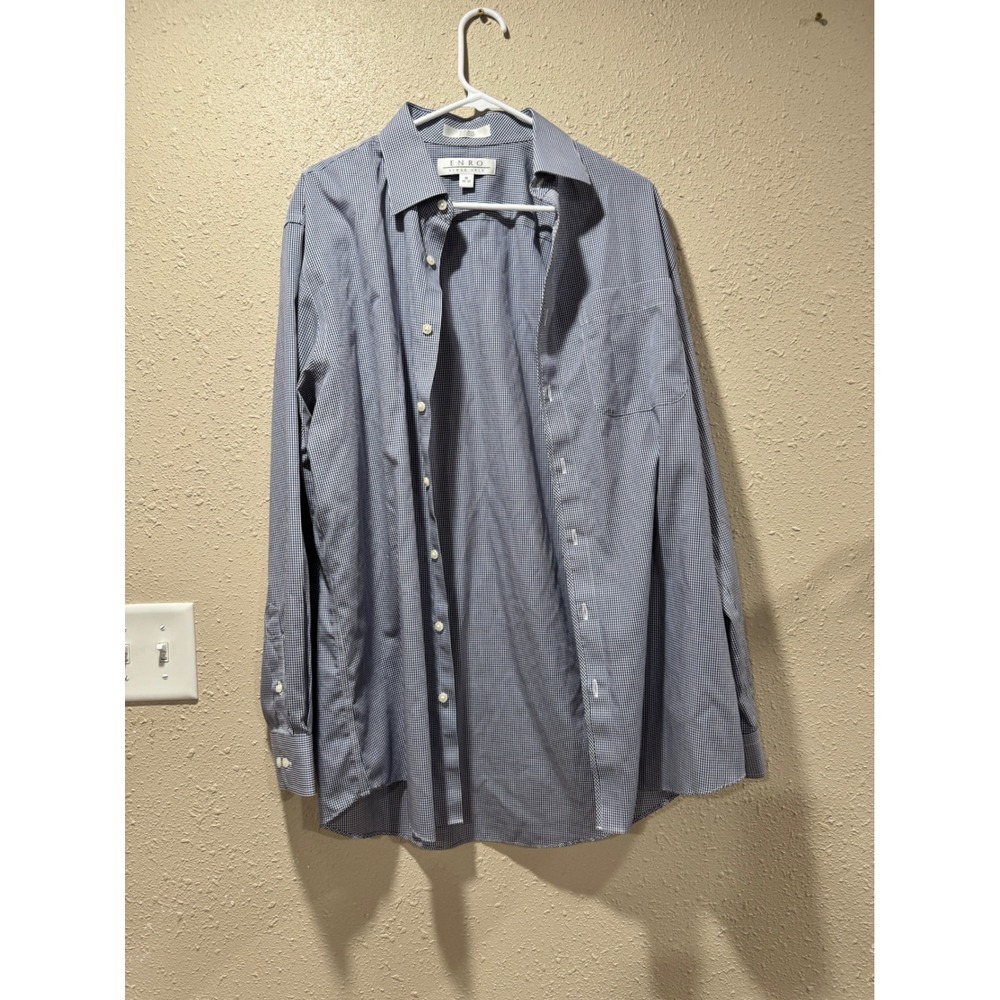 Enro Mens Blue White Micro Gingham Check Button Down Dress Shirt Long Sleeve M